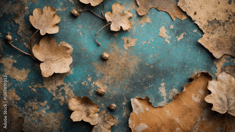 Poster faded leaves on textured blue surface creating a rustic background for design projects and creative 
