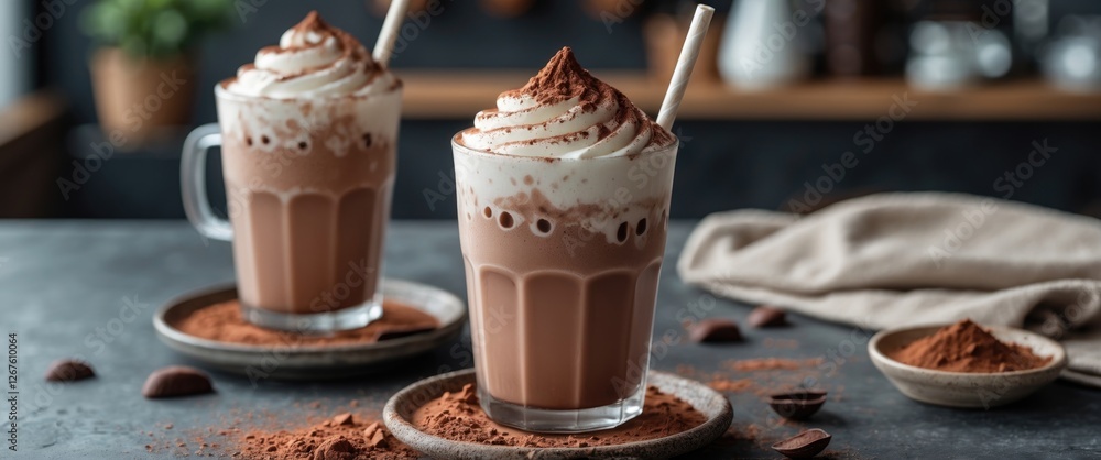 Aufkleber creamy iced cocoa chocolate drink with whipped cream and cocoa powder served in a cafe setting with 