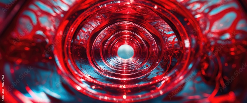 Poster abstract view of the interior of a red glass object with swirling patterns and reflections creating 