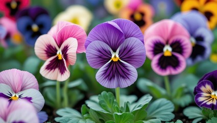 Closeup of vibrant pansy flowers in a garden setting showcasing their colorful petals and delicate features in selective focus.