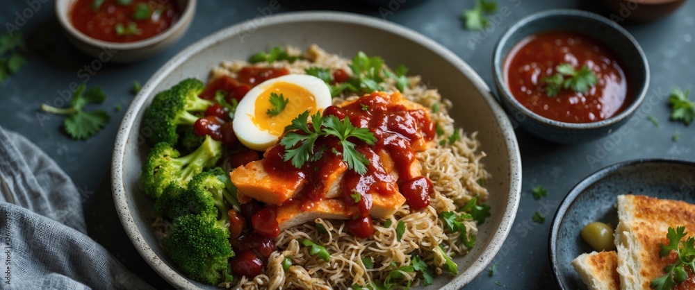 Poster delicious lunch bowl with sauce, broccoli and egg on rice with empty space for text in a rustic sett