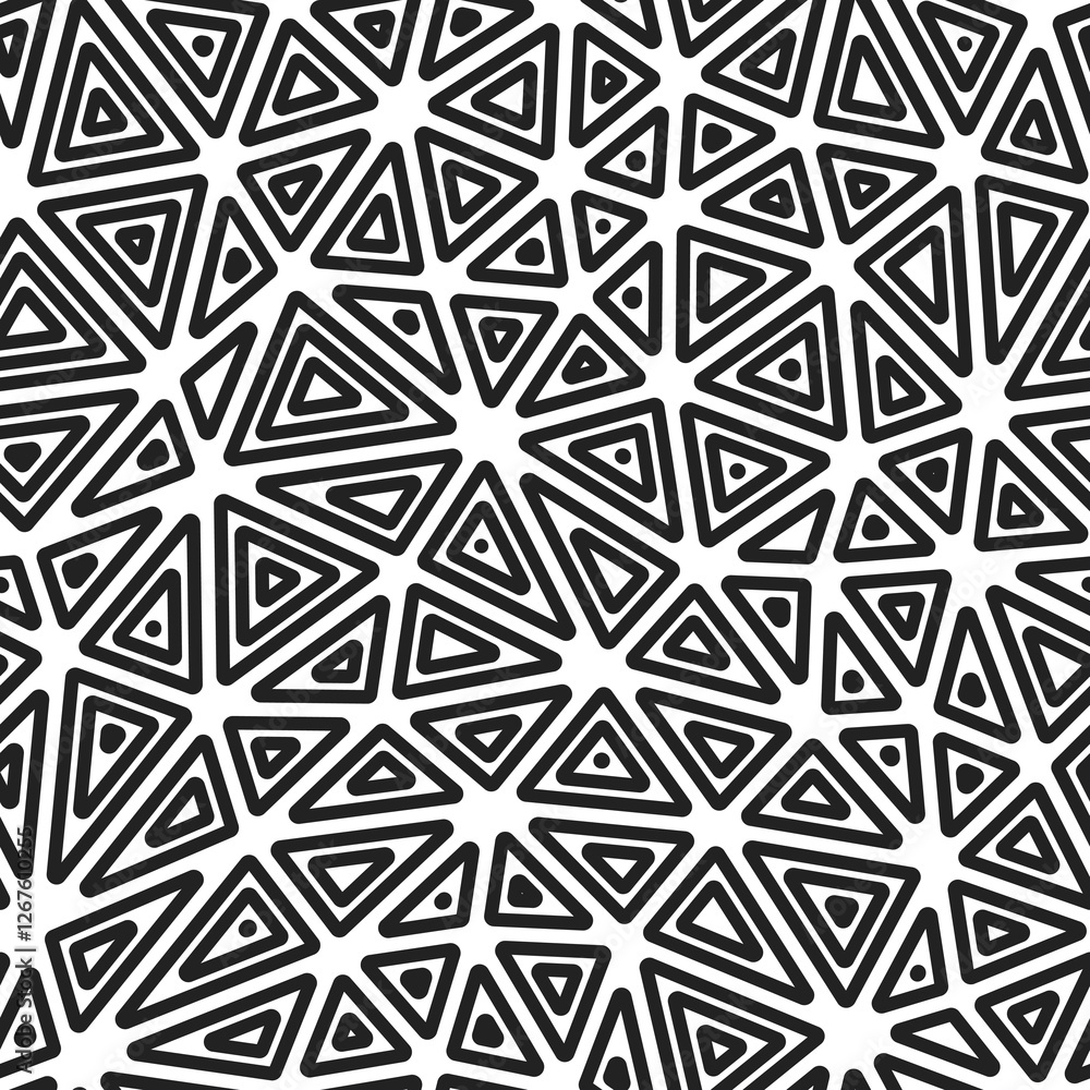 Poster triangles pattern. multiple repeated inner triangles. medium shape size. black and white style. seam
