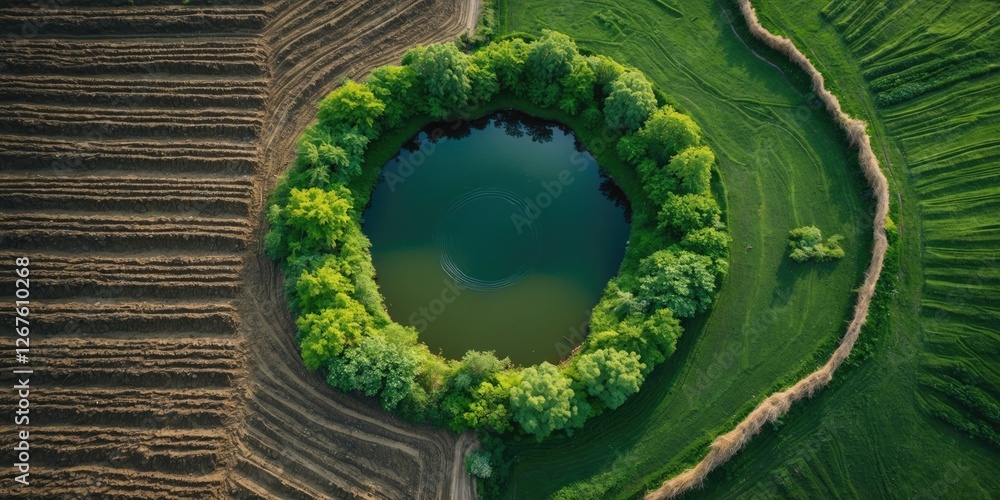 Poster aerial view of circular pond surrounded by lush green fields and plowed soil creating a unique abstr