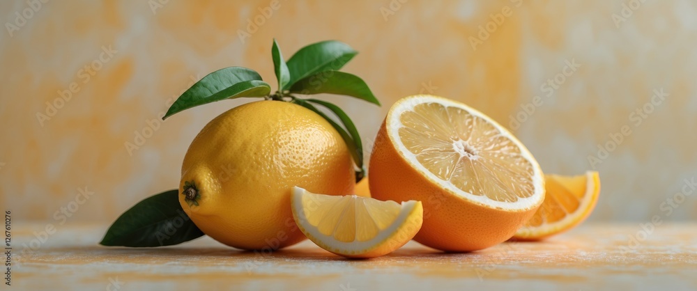 Poster fresh lemons and oranges with slices on wooden surface and empty space for text overlay