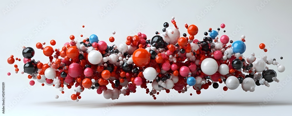 Poster a vibrant array of colorful spheres in various sizes, artfully arranged to create a dynamic visual
