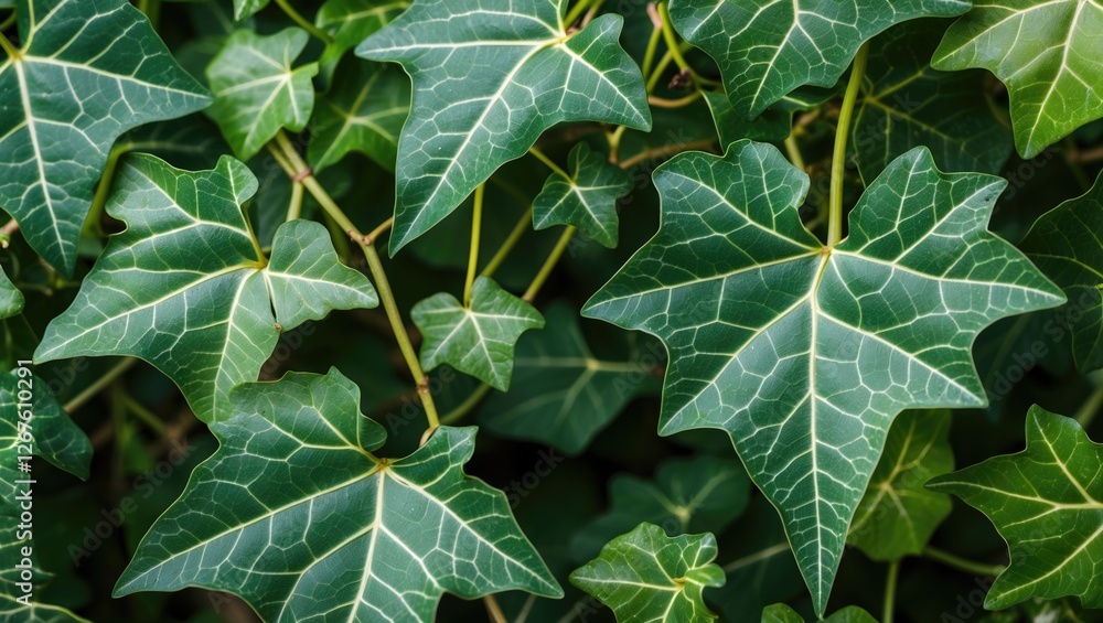 Poster detailed macro shot showcasing the intricate vein patterns of vibrant green ivy leaves in natural li