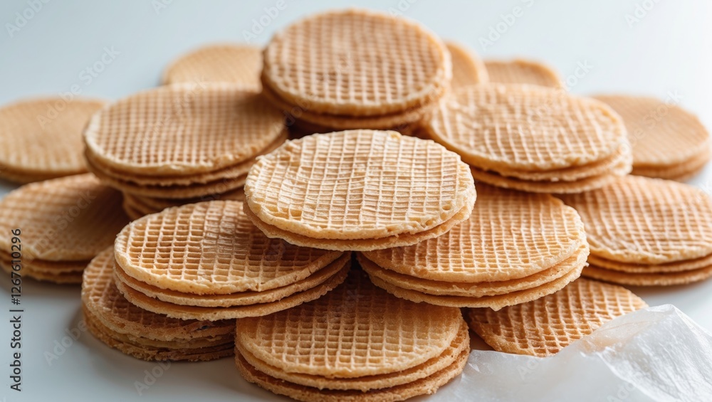 Poster stack of delicious wafer cookies arranged neatly on a white background showcasing their crispy textu