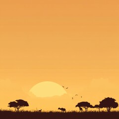 Naklejka premium Beautiful sunset over African savanna with silhouetted animals and trees in serene atmosphere. Generative AI