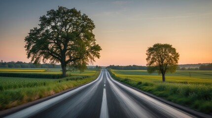 Fototapeta premium Countryside road with meadows and solitary trees at sunset creating a serene landscape for travel and nature enthusiasts.