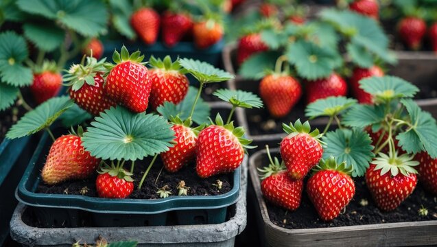 Vibrant Fresh Strawberries Growing in Containers for Home Gardening and Urban Farming Enthusiasts