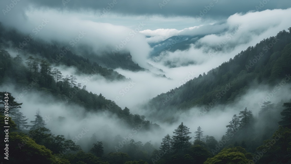 Poster misty mountain forest landscape with lush trees and enveloping fog creating a serene atmosphere in t