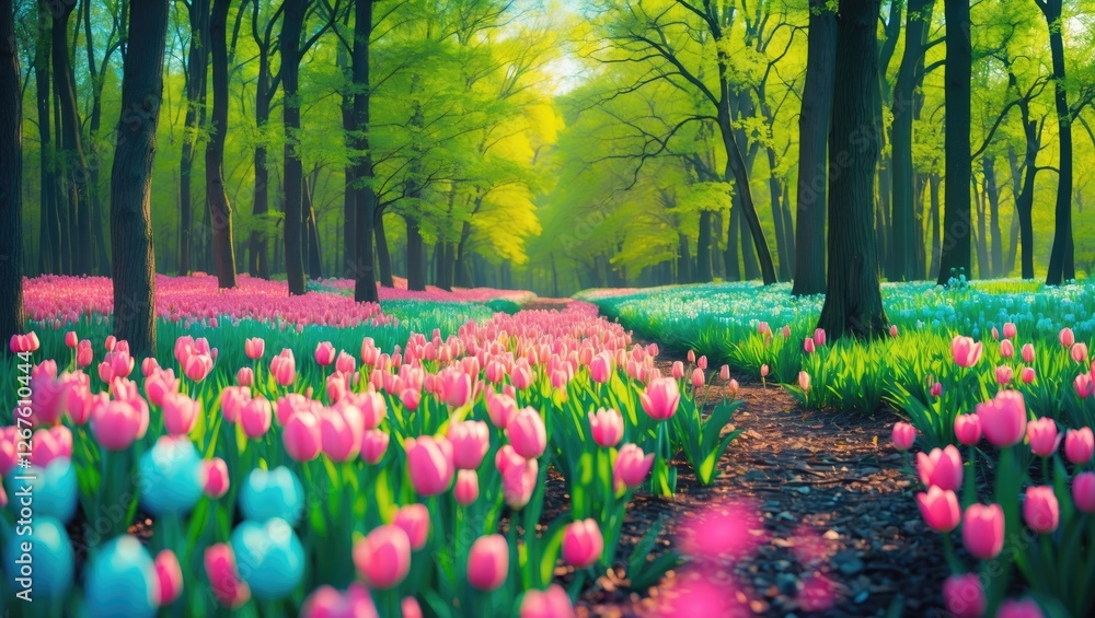 Poster vibrant spring forest pathway surrounded by colorful tulips and lush greenery with space for custom 