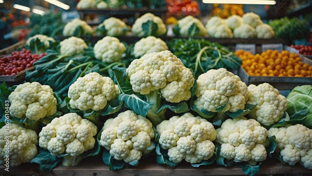 Poster fresh cauliflower displayed at market with colorful vegetables and empty space for text and branding