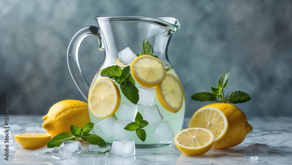 Poster refreshing lemonade pitcher with fresh lemons mint and ice cubes on a stylish background with space 
