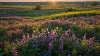 Vibrant Spring Meadow Panorama Featuring Blooming Purple Wildflowers and Blueberries Against a Serene Sunset Landscape Scene.