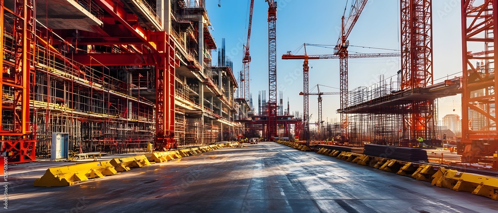 Poster a vibrant construction site showcasing modern building techniques with cranes and scaffolding under 