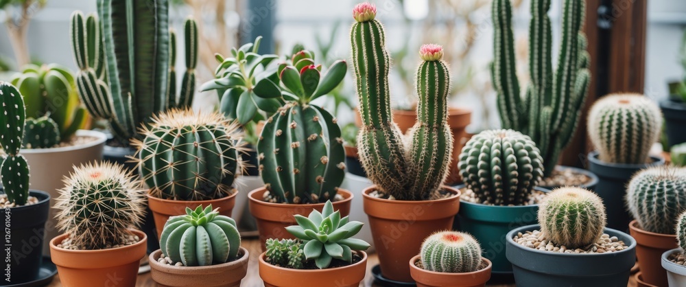 Poster diverse collection of indoor cacti and succulents in pots on display with blank space for custom tex