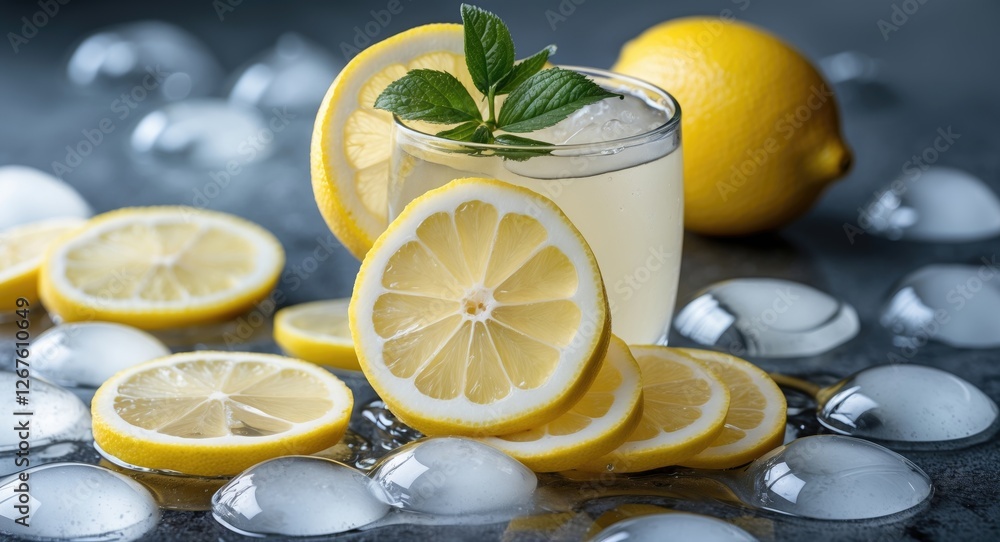 Poster refreshing lemonade glass with lemon slices and mint leaves on ice with empty space for text, perfec