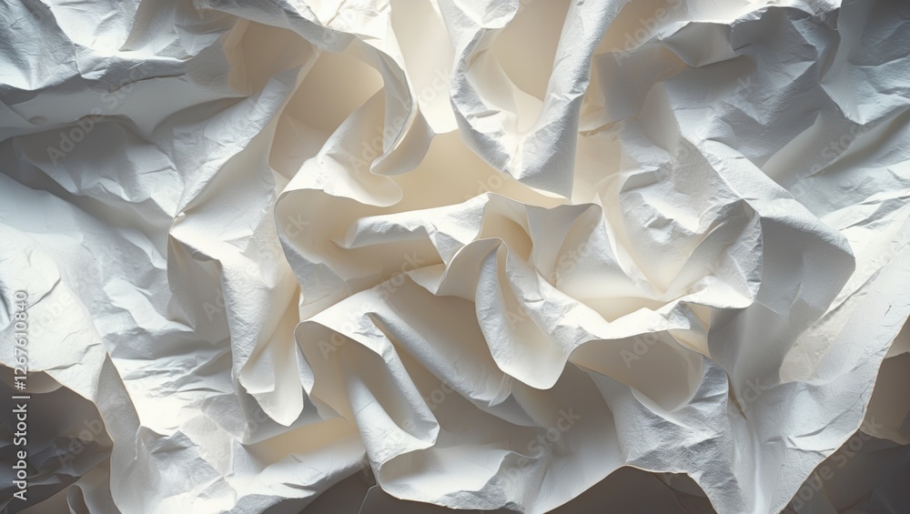 Poster crumpled white paper texture creating a soft background with ample copy space for creative design ap