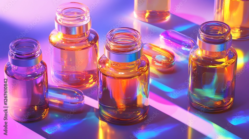 Poster a vibrant display of colorful glass bottles filled with liquid, illuminated by dynamic lighting effe