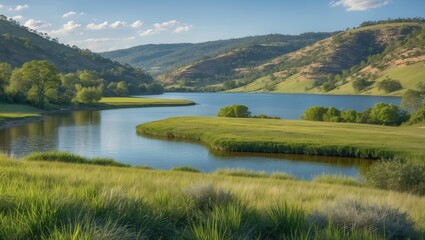 Obraz premium Serene Landscape of Green Hills and Calm Reservoir Surrounded by Lush Greenery at National Recreation Area with Clear Sky and Reflection.