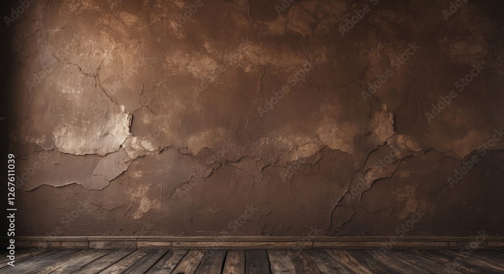 Poster textured brown wall with cracks and weathered appearance in an empty room setting highlighting rusti