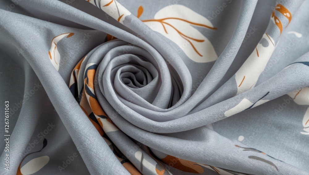 Poster light grey fabric with abstract floral print draped in folds showcasing texture and softness in a ma