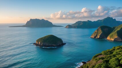 Serene Coastal Landscape Showcasing Multiple Islands and Tranquil Ocean Waters Under a Cloudy Sky