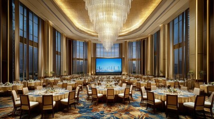 Corporate event space in a modern hotel with rows of chairs facing a large LED screen for presentations.