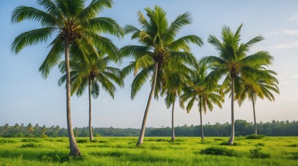 Tropical palm trees in a serene meadow surrounded by lush greenery under a clear sky showcasing nature's tranquility and beauty.