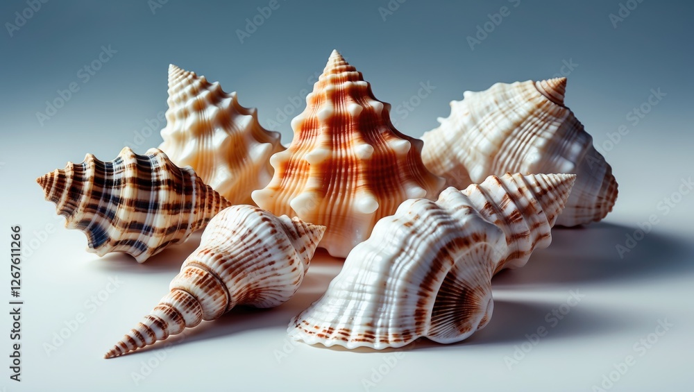 Poster collection of beautifully patterned seashells arranged on a white background showcasing their intric