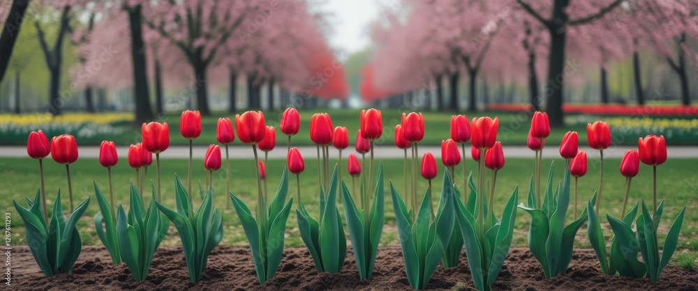 Poster vibrant red tulips in a lush park setting surrounded by blooming trees creating a picturesque spring