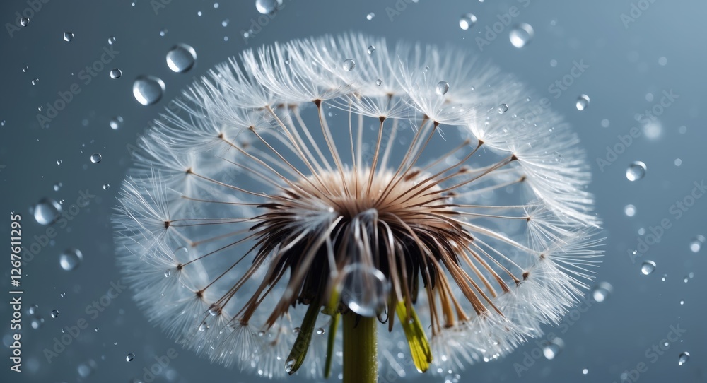 Poster macro photography of dandelion with water drops and blurry background featuring copy space for text 