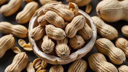 Fototapeta premium Close up of large peanuts in their shells arranged artistically in a bowl surrounded by more peanuts on a dark textured background