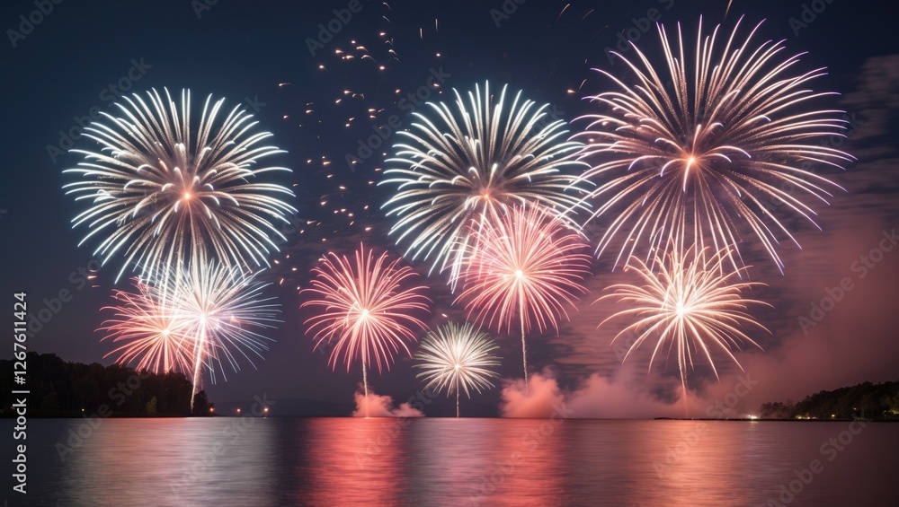 Poster vibrant fireworks display over calm water with negative space for custom text and celebratory themes
