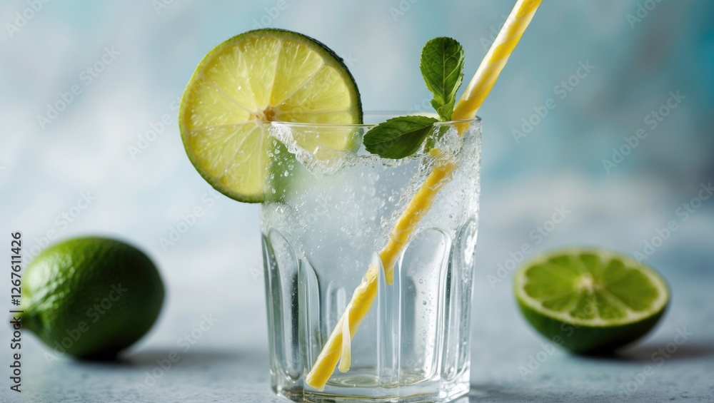 Poster refreshing lime drink with mint garnish and straw in a clear glass with empty space for text usage