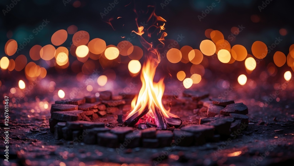 Poster warm campfire flames in a circular stone ring with soft bokeh background and copy space for text or 