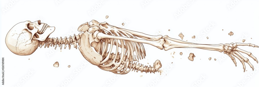 Poster Unique illustration of a human skeleton in a dynamic pose with skeletal structure details. Generative AI