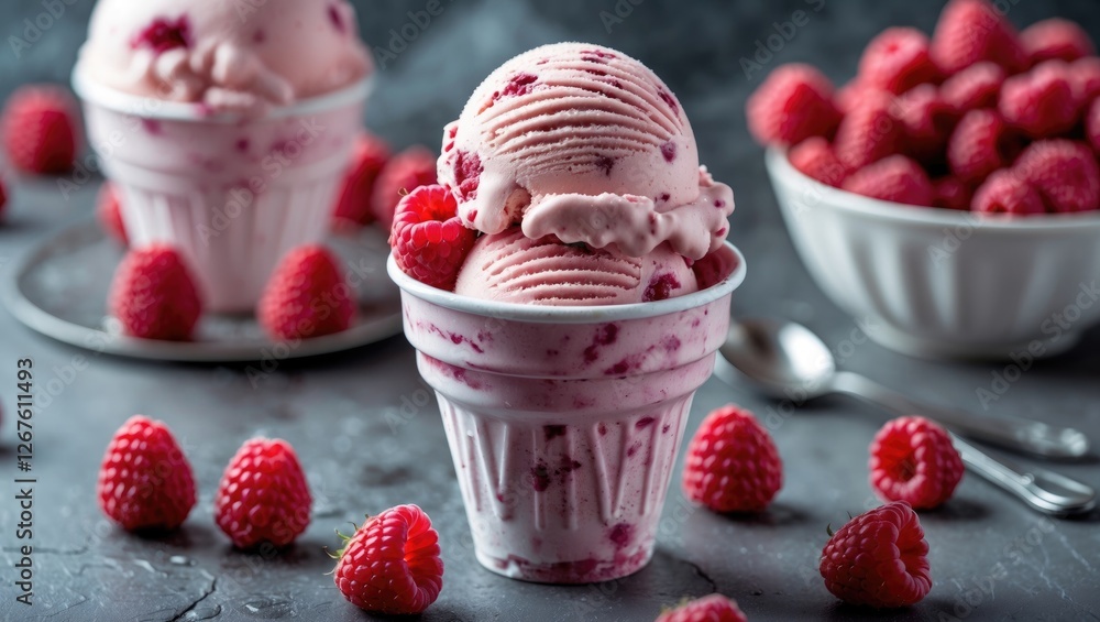 Aufkleber raspberry ice cream delight creamy raspberry flavor served in cup with fresh raspberries and a dark 
