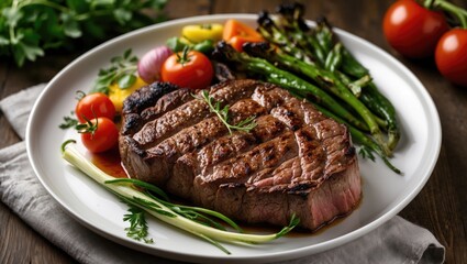 Grilled T-Bone Steak with Colorful Vegetables on a White Plate Gourmet Meal Presentation