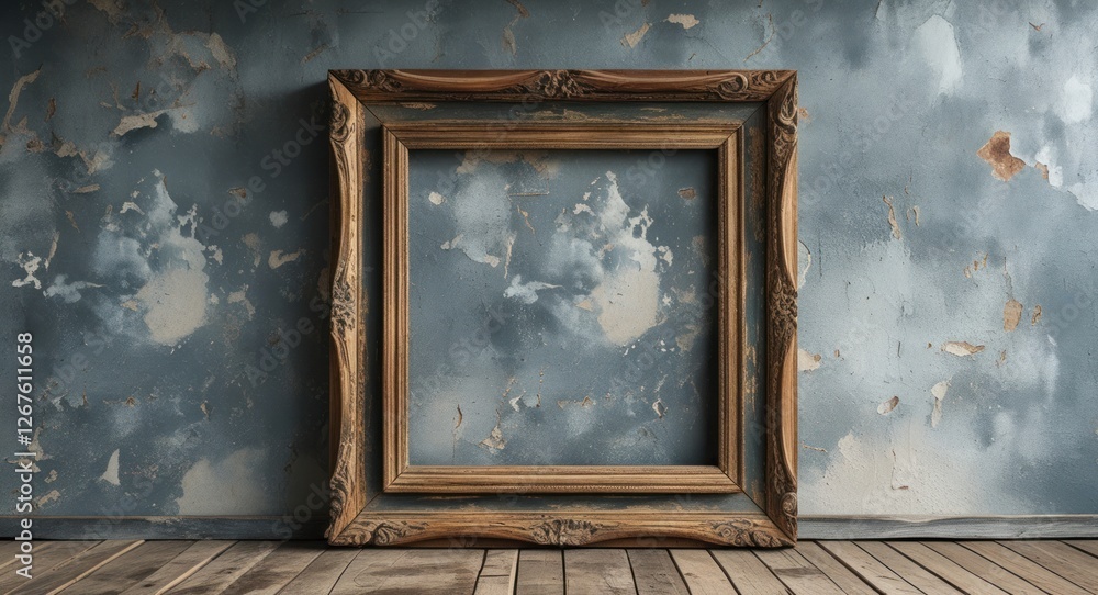 Poster vintage rustic wooden picture frame on distressed wall with empty space for text or images display s