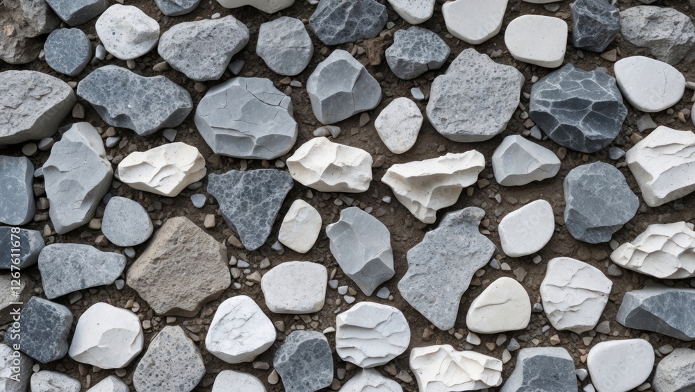 Poster stone texture featuring an array of grey and white rocks on the ground ideal for backgrounds and con
