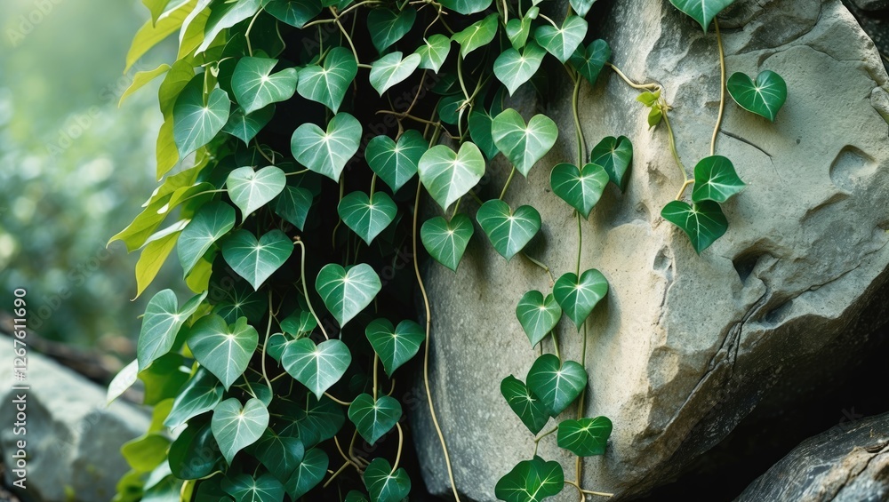 Poster heart-shaped ivy leaves climbing on large rocks nature scene with greenery and empty space for text 