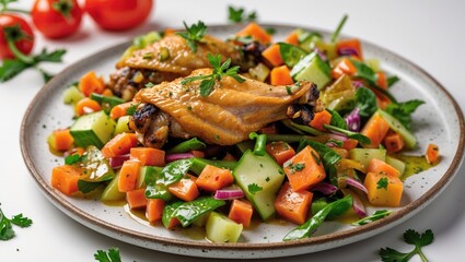Delicious grilled chicken wings served with a colorful vegetable salad on a plate with fresh herbs and vibrant colors for a tasty presentation.
