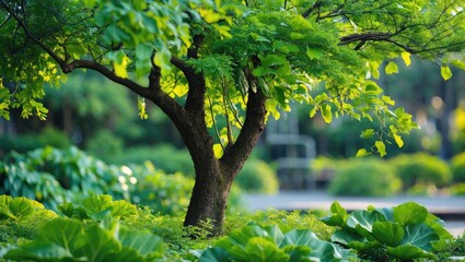 Obraz premium Lush Green Tree Surrounded by Vibrant Foliage in a Serene Outdoor Setting
