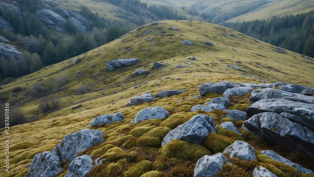 Fototapete serene hill landscape in forest with rocks and moss showcasing lush greenery and expansive copy spac