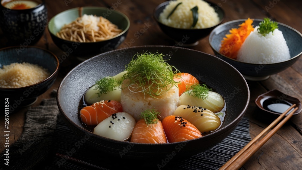 Poster Japanese Cuisine Elegant Presentation with Assorted Sashimi and Garnish on Rustic Table Background with Space for Text or Branding