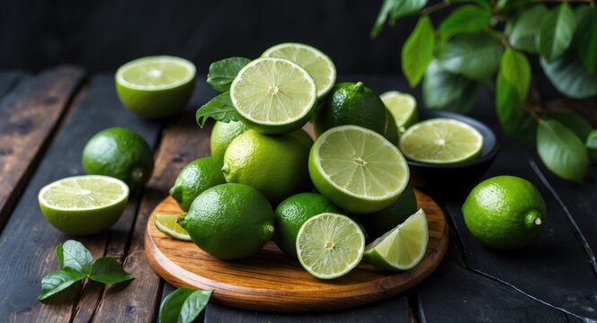 Freshly cut limes arranged on a wooden cutting board with green leaves on a dark background perfect for culinary or beverage themes