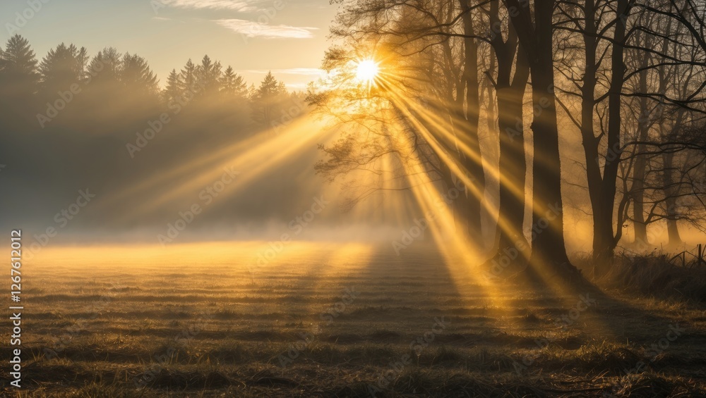 Poster golden sunrays breaking through forest trees over foggy rural fields with empty space for text in ea