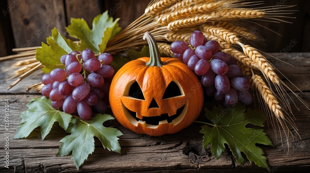 Aufkleber halloween pumpkin with grape leaves and wheat ears on rustic wooden table creating a festive autumn 